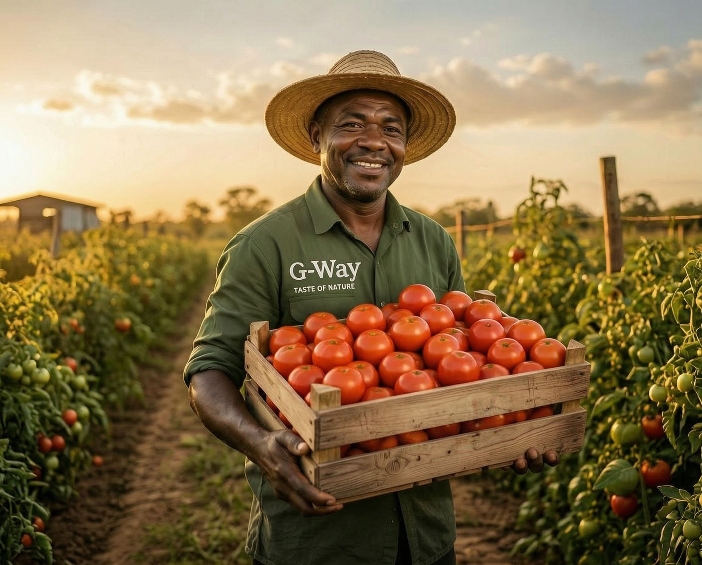 African farmer holding fresh sun-ripened tomatoes