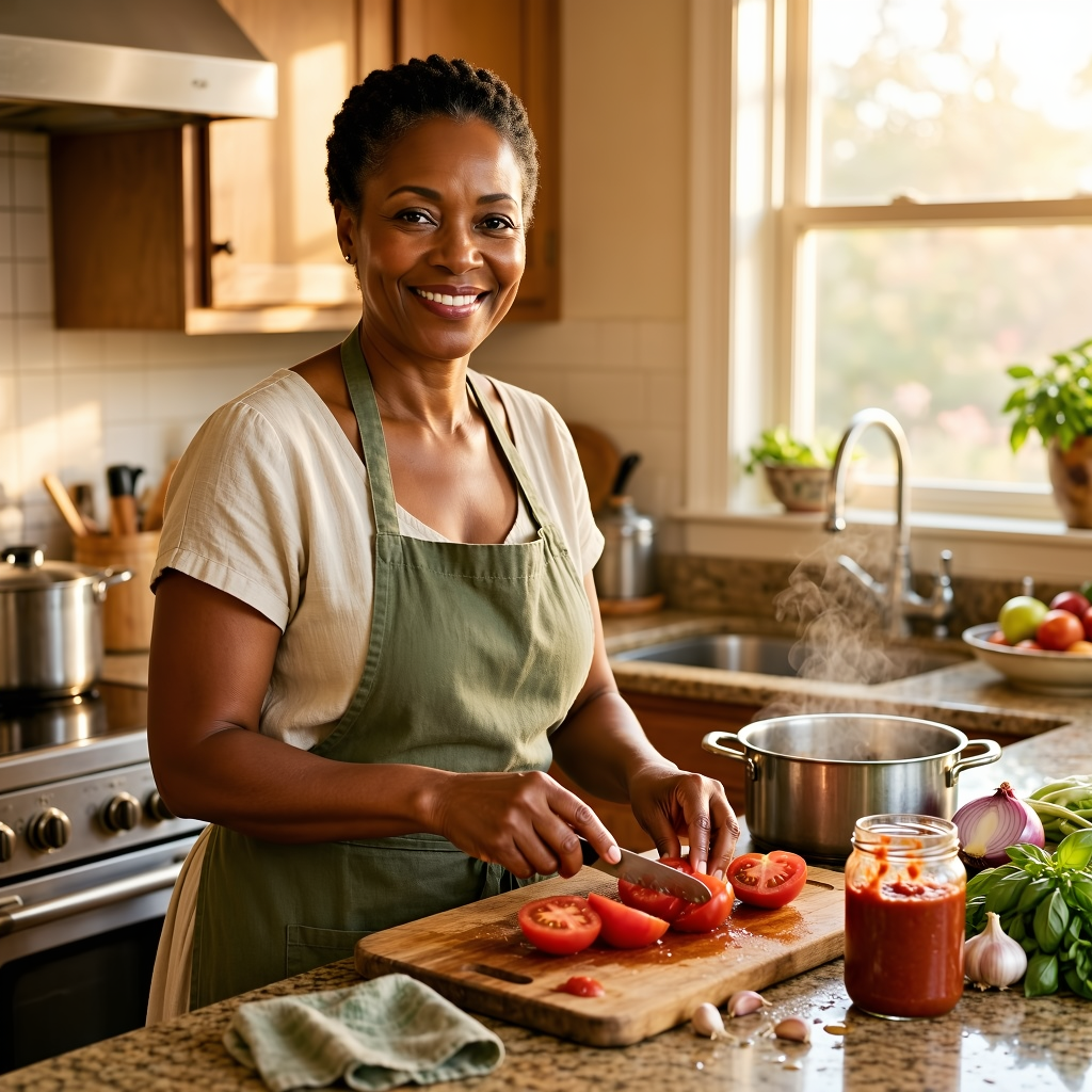 African woman cooking in a warm kitchen